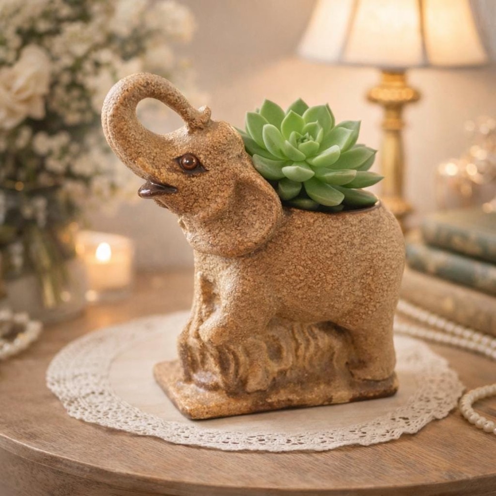 VTG Elephant Planter Royal Haeger Pottery Trunk Up Sand Glaze Animal MCM USA 7"